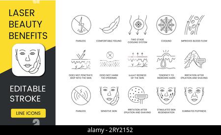 Laserhaarentfernung und Kosmetologie Vorteile Liniensymbole setzen Vektor, editierbarer Schlaganfall, Neigung zu eingewachsenen Haaren, regt die Hautregeneration an, leicht Stock Vektor