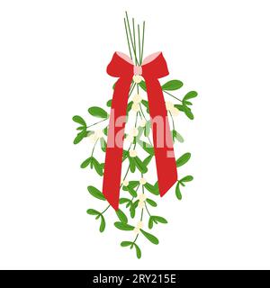 Hängende Mistelzweige mit Beeren und roter Schleife. Ein flacher Cartoon-Blumenstrauß mit Weihnachtsfeiertagen. Festliche saisonale Dekoration, florales Designelement Stock Vektor