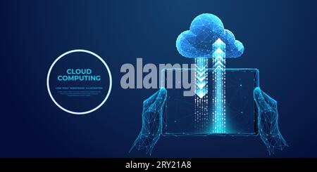 Geschäftsleute mit Tablet mit Cloud-Speicher-Symbol und Pfeil-nach-oben- und Pfeil-nach-unten-Schildern. Stock Vektor