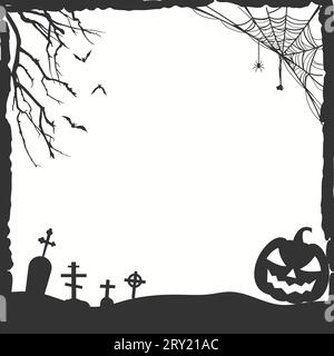 Halloween schwarze Rahmenillustration mit Spinnennetz und Baumsilhouetten Stock Vektor