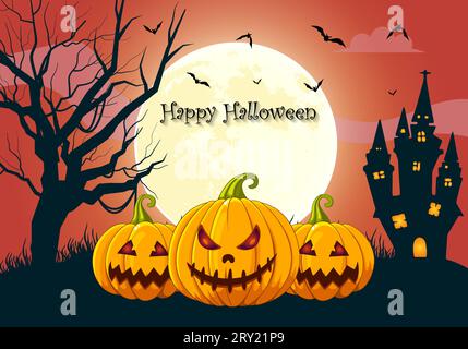 Halloween Hintergrund mit halloween Grusel Kürbisse Vollmond und Spukhaus mit gruseligen Baum Stock Vektor