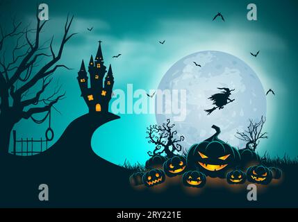 Happy halloween Banner oder Party Einladung Hintergrund mit glühenden Kürbissen Vollmond und Schloss Stock Vektor