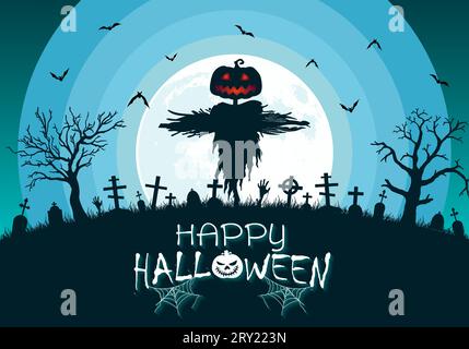 Happy Halloween Hintergrund Illustration mit Friedhof Grabsteine glühender Mond und große Vogelscheuche Stock Vektor