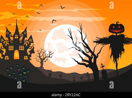 Orangefarbene Hintergrundillustration von halloween mit gruseliger Vogelscheuche und gruseligen Spukhaus gegen Vollmond Stock Vektor