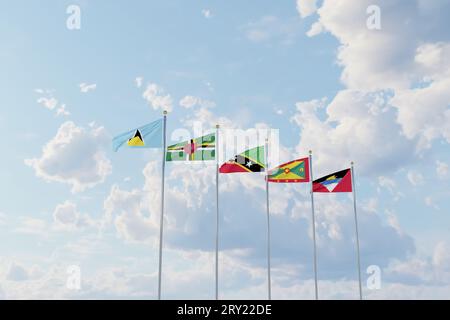 Flaggen der karibischen Länder St. Kitts und Nevis, Dominica, St. Lucia, Grenada, Antigua und Barbuda Stockfoto
