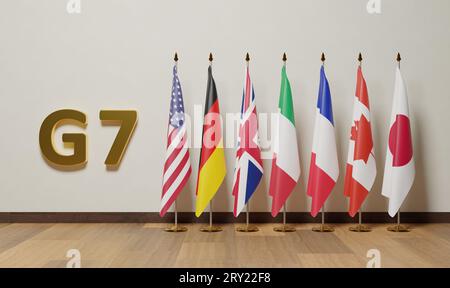 Flaggen der Gruppe der Sieben (G7) ist ein zwischenstaatliches politisches Forum, das aus Kanada, Frankreich, Deutschland, Italien, Japan, Vereinigtes Königreich und t Stockfoto
