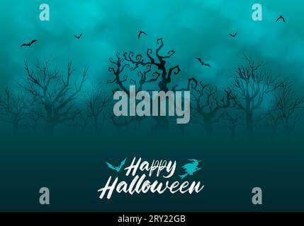 Happy halloween gruseliger Hintergrund mit totem Baumwald und fliegenden Fledermäusen Stock Vektor