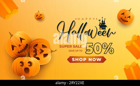 Happy halloween horizontales Verkaufsbanner zur Förderung mit realistischen Kürbissen und Geschenkbox auf gelbem Hintergrund Stock Vektor