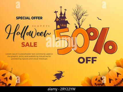 Happy halloween Sale Banner Hintergrund mit Spukhaus realistischen Kürbissen und Illustration des Textes 50% Stock Vektor