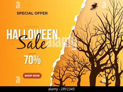 Horizontale Banner-Vorlage aus zerrissenem Papier für Halloween zur Förderung mit gruseligen toten Bäumen Stock Vektor