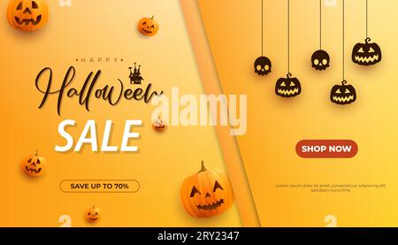 Sale Banner Hintergrund für Happy halloween mit realistischen niedlichen Kürbismonstern und verrückten halloween-Elementen Stock Vektor