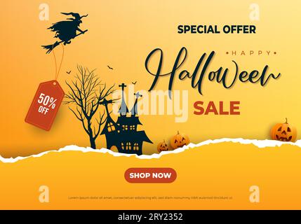 Happy halloween zerrissenes Papier-Effekt-Sale-Banner-Hintergrund mit gespukten Schlosskürbissen und fliegender Hexe. Verkaufsetikett Stock Vektor