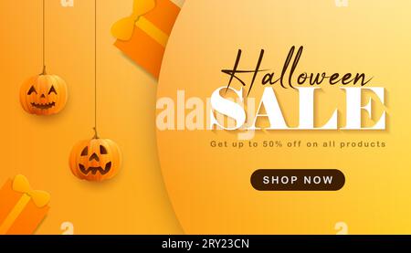 Verkaufsbanner für Happy halloween mit hängenden realistischen Kürbissen. Horizontaler Hintergrund des Verkaufsbanners Stock Vektor
