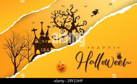 Happy halloween Papiereffekt Hintergrund mit gruseligen toten Baum und halloween Haus und halloween Text Stock Vektor