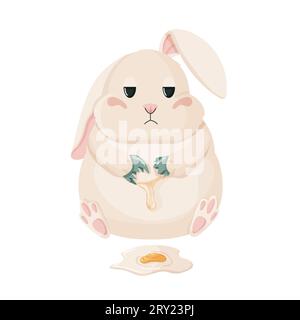 osterhase im Frühling. Osterhase sitzt mit einem gebrochenen Ei. Stock Vektor