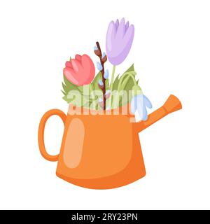 Osterblumen im Frühling. Tulpen mit Blättern in Gießkanne. Stock Vektor