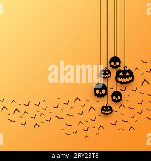 Happy halloween Hintergrund mit hängenden Kürbissen und fliegenden Fledermäusen auf gelbem Hintergrund Stock Vektor