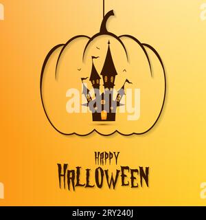 Happy halloween Karte Hintergrund Illustration mit großen Kürbis Umriss Spukhaus und halloween Text Stock Vektor