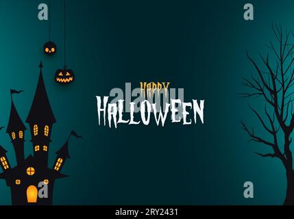 Happy halloween Night Hintergrund mit gruseligen halloween Baum und Spukhaus und halloween Text Stock Vektor