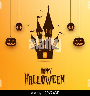 Happy halloween Hintergrund mit Spukhaus und hängenden halloween Elementen wie Kürbisskull Stock Vektor