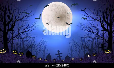 Halloween gruselige Hintergrundillustration mit alter Friedhofsnacht und Vollmond mit fliegenden Fledermäusen Stock Vektor