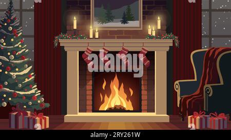 Einrichtung am Weihnachtsabend, dekorierter Kamin und Geschenke Stock Vektor