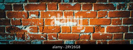 Ziegelwand mit beschädigtem Putz. Breiter Backsteinwandtexturhintergrund mit Vintage-Kameraeffekt und Vignette Stockfoto
