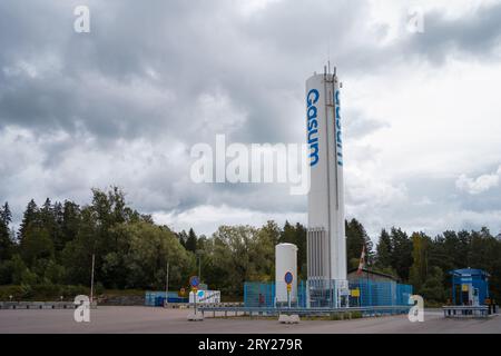 Gasum-Erdgas-Tankstelle in Lahti, Finnland. Juli 29, 2023. Stockfoto