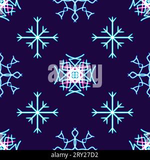 Nahtlos gemusterte Schneeflocke leuchtende Desktop-Ikone, Neon-Aufkleber, Neon-Figur, leuchtende Figur, geometrische Neon-Figuren Stockfoto