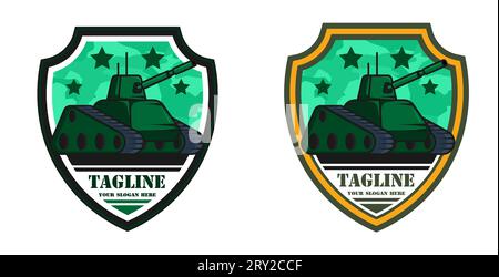 Emblem des Offiziers der KriegPanzertruppe. Kampfpanzer mit grüner Färbung und langem Lauf vor dem Hintergrund eines schildförmigen Chevrons. Zeichentrickversion Stock Vektor
