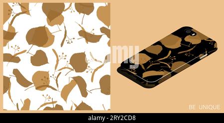 Modernes Smartphone in einzigartiger Hülle mit braunen Silhouetten aus Linden hinterlässt nahtlose Muster. Herbstblätter der Linde. Isometrische Draufsicht. Vect Stock Vektor