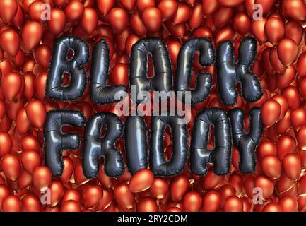 Schwarz-rote Folienballons Black Friday Concept. 3D-Rendering in hoher Qualität Stockfoto