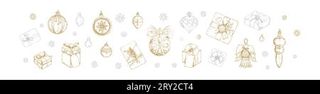 Set aus luxuriöser, goldener und silberner Dekoration für frohe Weihnachten und frohes neues Jahr. Weihnachtsbaumkugeln, Engelsfigur, Sterne und Geschenkboxen in Skizze styl Stock Vektor