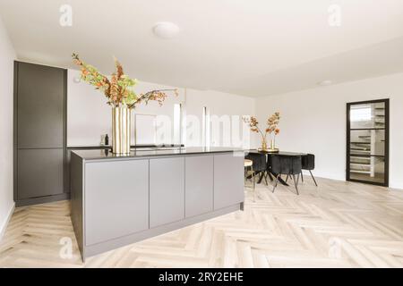 Das Innere der modernen offenen Küche mit schwarzen Schränken und der langen Insel neben dem Esszimmer im geräumigen Haus Stockfoto