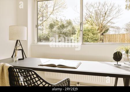 Bücher mit Lampe und kleinen Pflanzen auf dem Schreibtisch vor einem großen hellen Fenster im Home Office in einem modernen Apartment Stockfoto