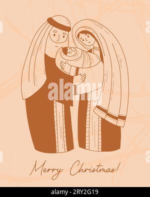 Frohe Weihnachten. Heilige Familie. Jungfrau Maria, der heilige Josef und das Jesuskind. Geburt des Erretters Christus. Vektorillustration in Handzeichnung Doodle-Stil für X Stock Vektor