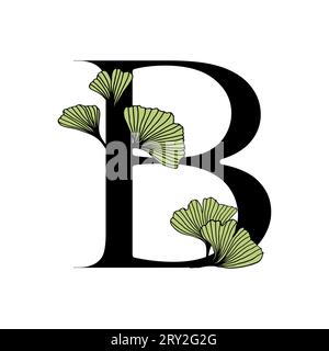 Ginkgo biloba hinterlässt das Alphabet B. Abzeichen und Ikone im trendigen linearen, handgezeichneten Stil. Vector Logo Emblem Brief und Ginkgo Zweig. Abbildung für cosme Stock Vektor