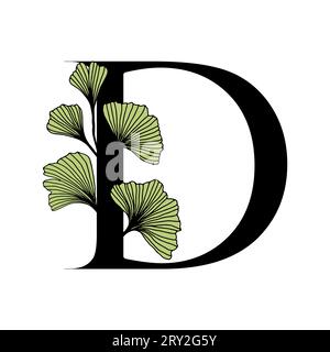 Ginkgo biloba hinterlässt das Alphabet D. Abzeichen und Ikone im trendigen, linearen, handgezeichneten Stil. Vector Logo Emblem Brief und Ginkgo Zweig. Abbildung für Kosmos Stock Vektor