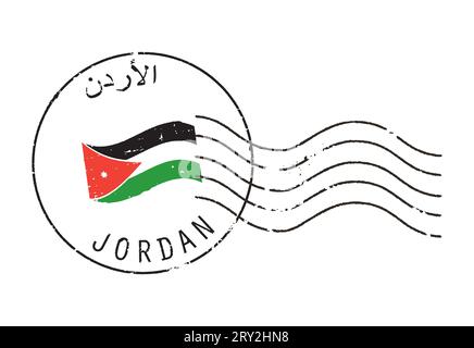 Grunge-Briefmarke „Jordan“. Englische und arabische Inschrift. Schwenkende Flagge in der Mitte. Stock Vektor