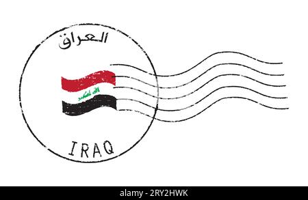 Postgrunge-Briefmarke IRAK. Englische und arabische Inschrift. Schwenkende Flagge in der Mitte. Stock Vektor