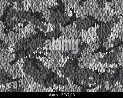 Nahtloses Muster in urbanem Camouflage. Textur isometrischer Gitterlinien. Farbschema Schwarz, Grau und weiß. Stock Vektor