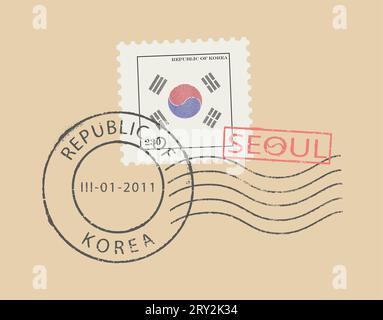 Briefmarkensymbole ''Seoul - Republik (Südkorea) Korea'''. Koreanische Flagge (Yin Yang - Einheit in Vielfalt; gravierte Wirkung). Stock Vektor