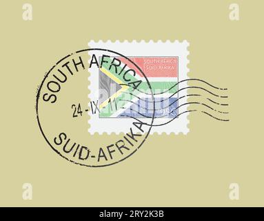 Briefmarkensymbole „Südafrika“. Englische und afrikaanische Zitate. Stock Vektor