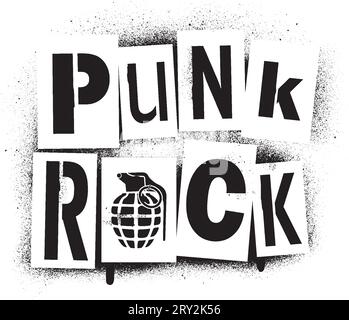 „Punk Rock“ Spray Graffiti-Schablone und Handgranate-Silhouette. Für T-Shirt, Poster... Stock Vektor