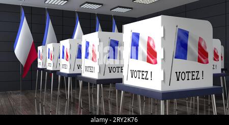 Frankreich - Wahllokal mit vielen Wahlkabinen - Wahlkonzept - 3D-Illustration Stockfoto