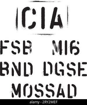 Abkürzungen der bedeutendsten Nachrichtendienste der Welt. CIA-USA, FSB-Russland, MI6-Großbritannien, BND-Deutschland, DGSE-Frankreich, MOSSAD-Israel. Stock Vektor