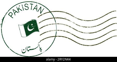 Grunge-Briefmarke 'Pakistan'. Englische und urdu-pakistanische Inschrift. Stock Vektor