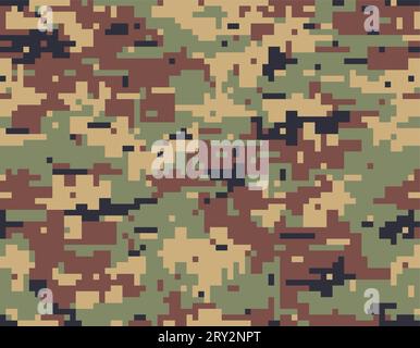 Nahtloses Camouflage-Muster. Sommermotiv im Militärwald. Gepixelte digitale Formen. Vier Farben (grün, braun, ockergelb, schwarz). Stock Vektor