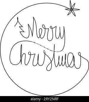 FROHE WEIHNACHTEN handgeschriebene Inschrift, stilisierter Weihnachtsbaum und Bethlehems Stern. Durchgehende einzeilige Zeichnung. Stock Vektor