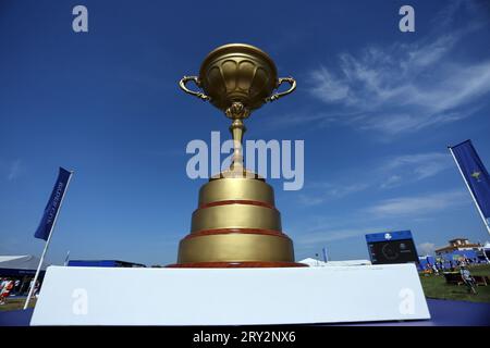 Rom, Italien 28.09.2023: Offizieller Pokal der Zeremonie des RYDER CUP 2023 im Marco Simone Golf & Country Club di Guidonia Montecelio, Roma Stockfoto